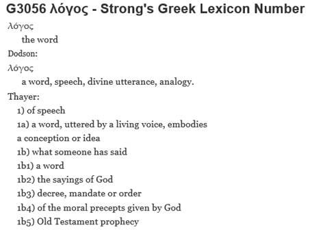 May be an image of text that says 'G3056 λόγος Strong's Greek Lexicon Number λόγος the word Dodson: λόγος a word, speech, divine utterance analogy. Thayer: 1) of speech 1a) a word, uttered by a living voice, embodies a conception or idea 1b) what someone has said 1b1) a word 1b2) the sayings of God 1b3) decree, mandate oι order 1b4) of the moral precepts given by God 1b5) old Testament prophecy'